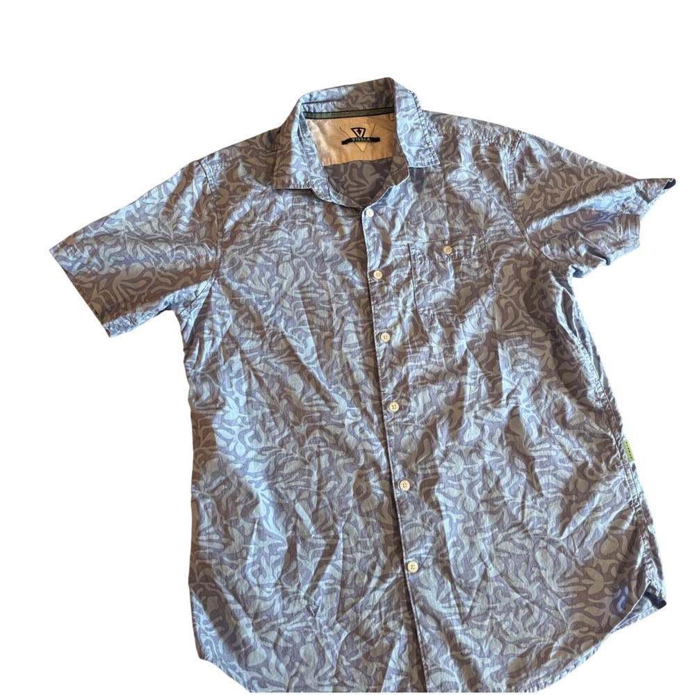 Vissla Mens Short Sleeve Button Down Shirt Blue Abstract Coral Print Large